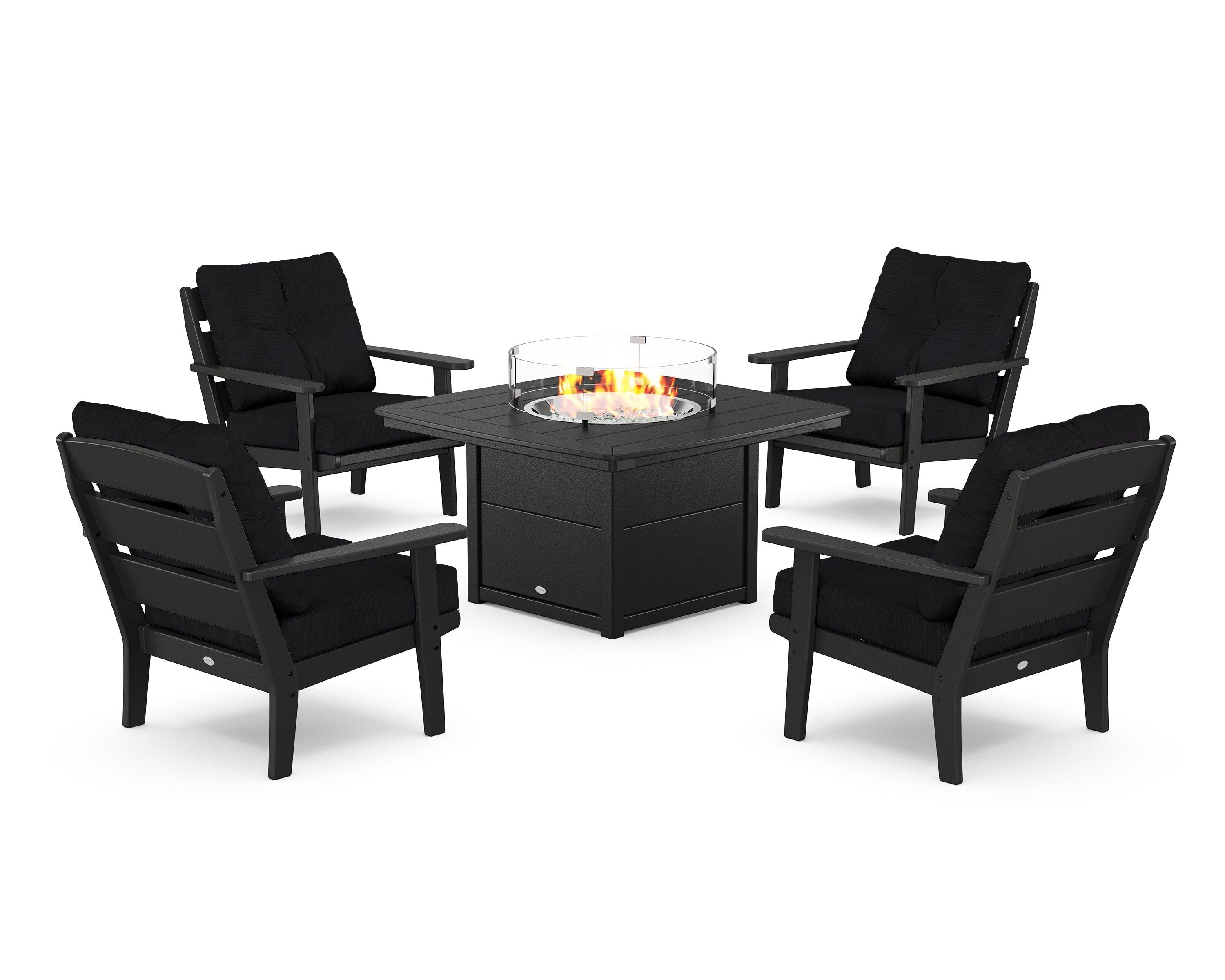 POLYWOOD® Lakeside 5-Piece Deep Seating Set with Nautical Fire Pit Table in Black / Midnight Linen