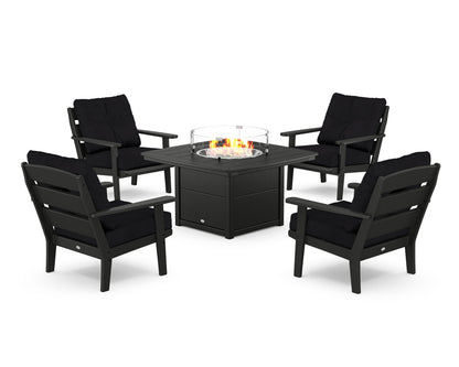 POLYWOOD® Lakeside 5-Piece Deep Seating Set with Nautical Fire Pit Table in Black / Midnight Linen