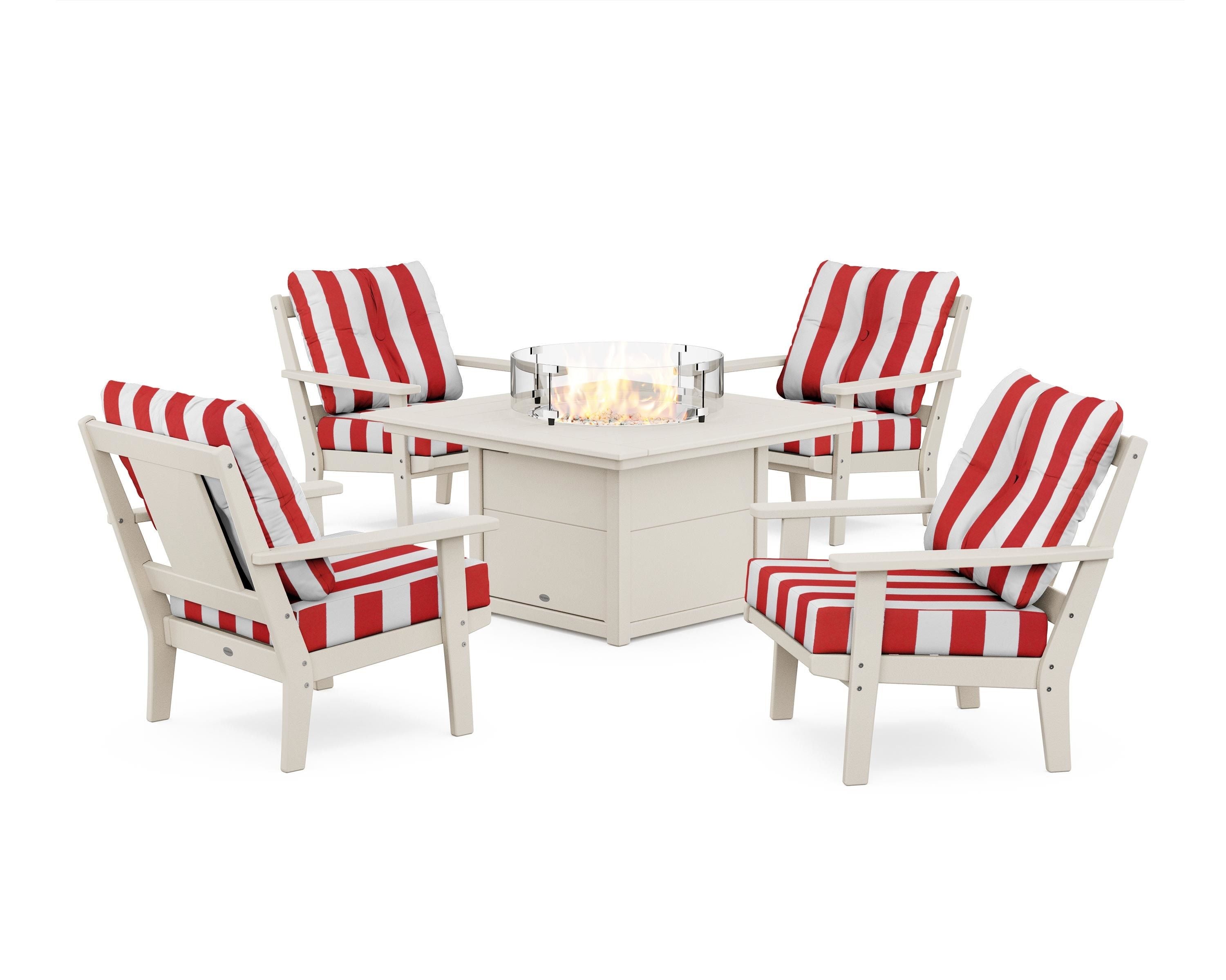 POLYWOOD® Prairie 5-Piece Deep Seating Set with Fire Pit Table in Sand / Cabana Stripe Crimson