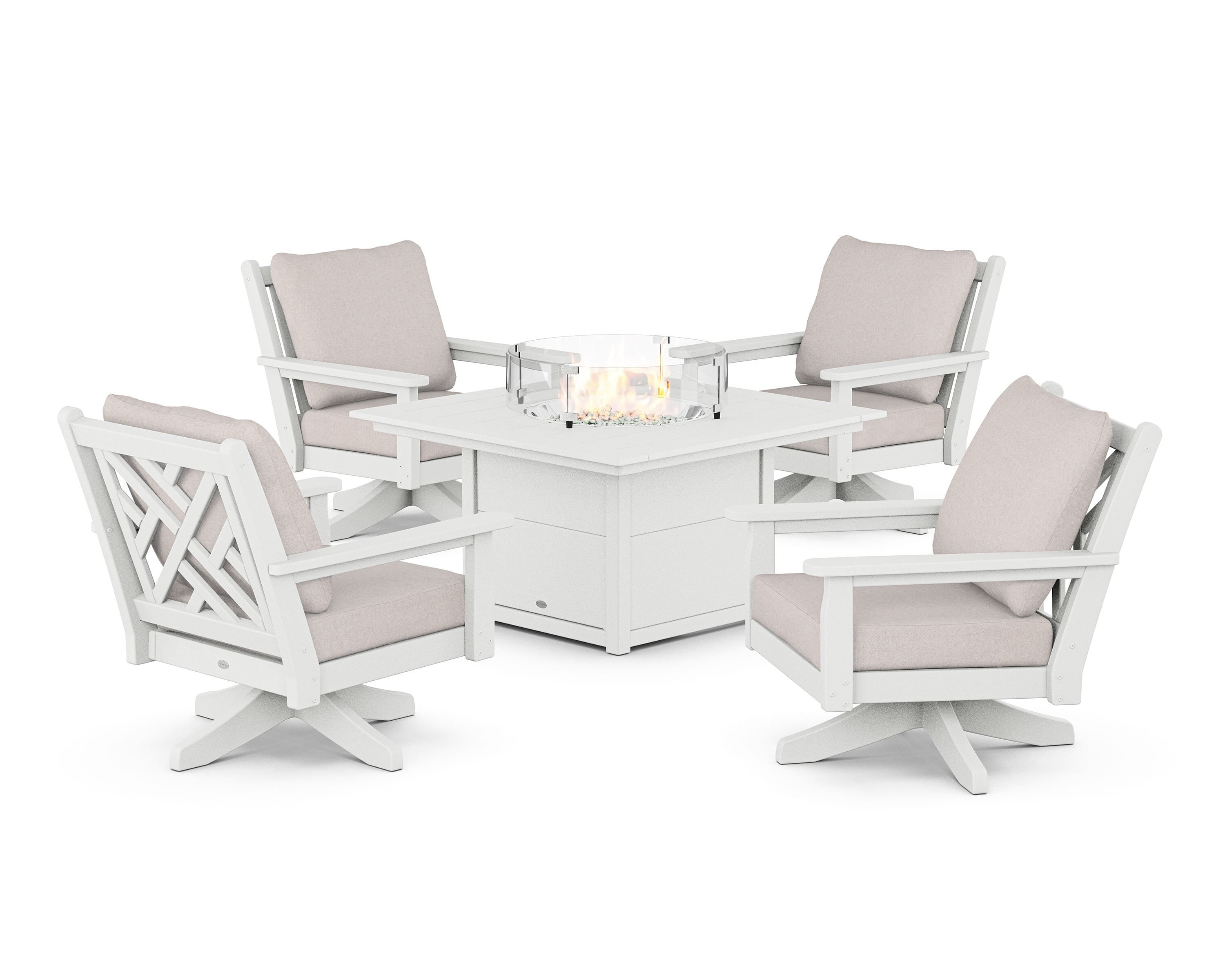 POLYWOOD® Chippendale 5-Piece Deep Seating Swivel Conversation Set with Fire Pit Table in White / Dune Burlap