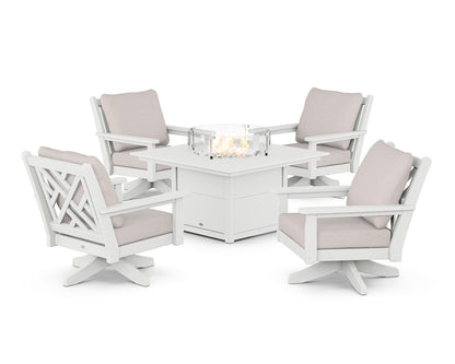 POLYWOOD® Chippendale 5-Piece Deep Seating Swivel Conversation Set with Fire Pit Table in White / Dune Burlap