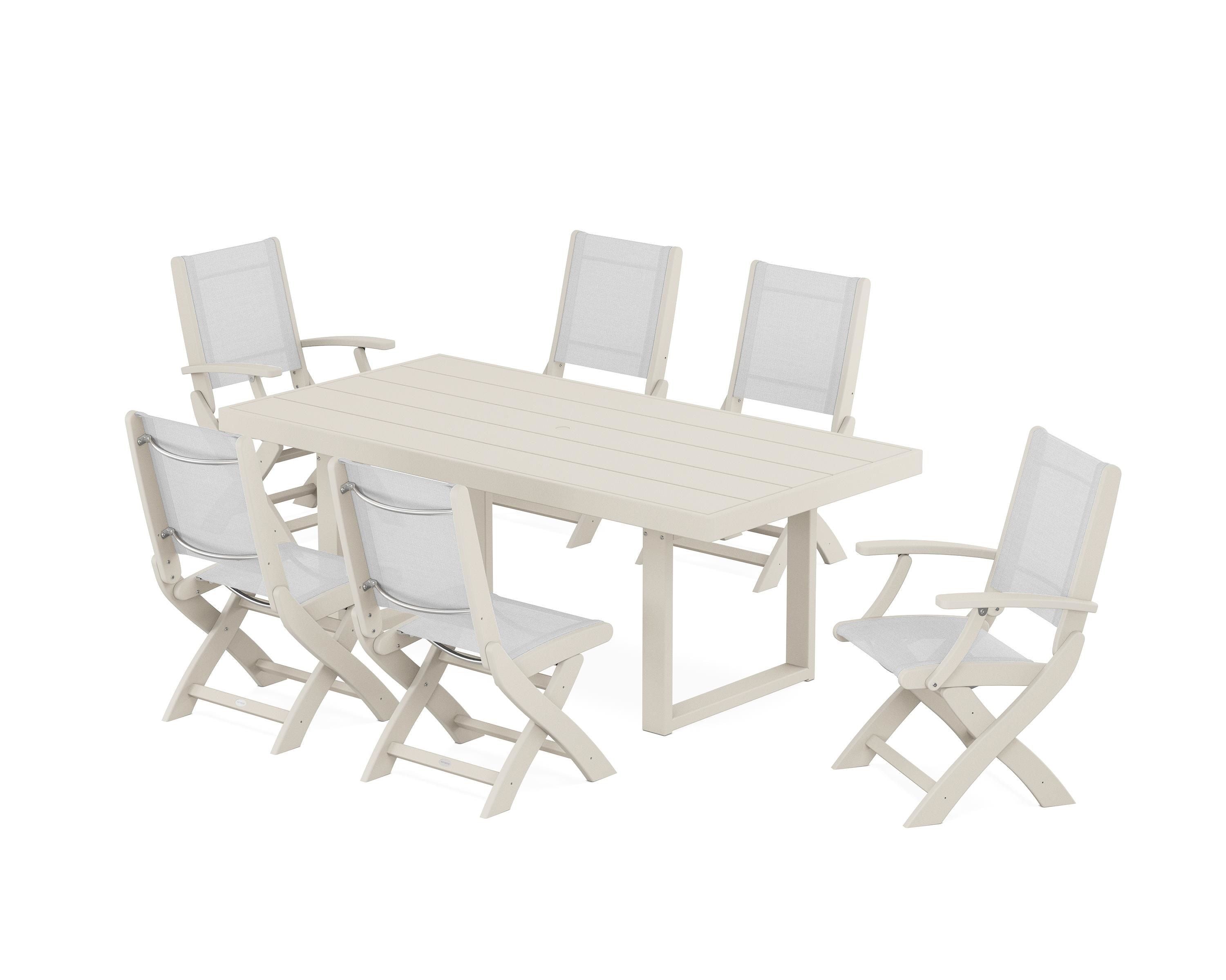 POLYWOOD® Coastal Folding Chair 7-Piece Dining Set with Trestle Legs in Sand / White Sling