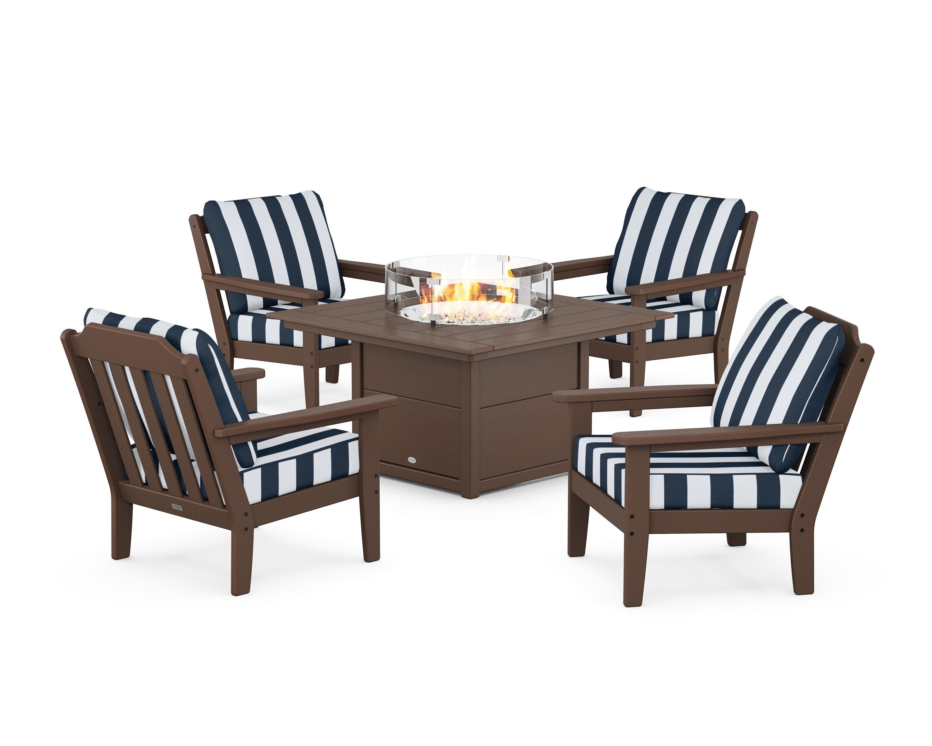 Country Living Cottage 5-Piece Deep Seating Set with Fire Pit Table in Mahogany / Cabana Stripe Marine Indigo