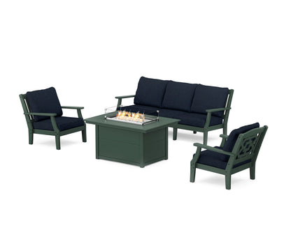 Martha Stewart by POLYWOOD® Chinoiserie Deep Seating Fire Pit Table Set in Green / Marine Indigo