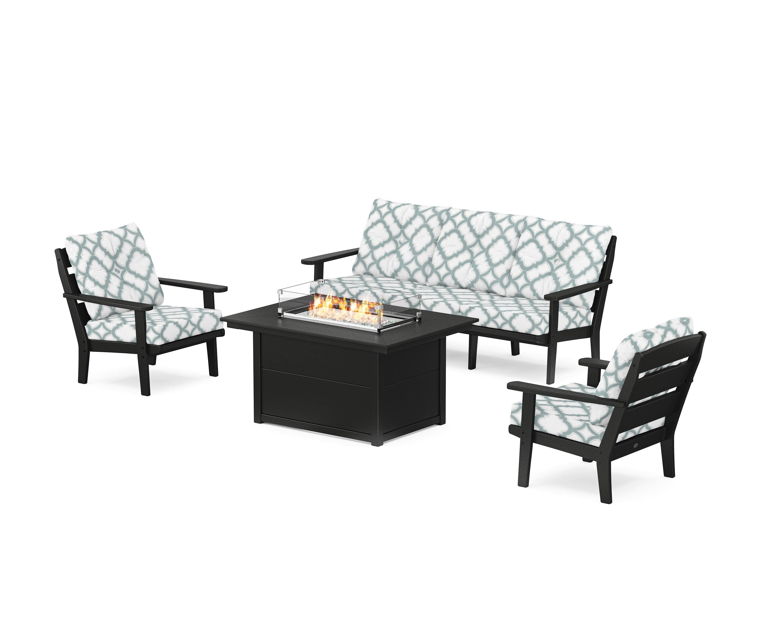 POLYWOOD® Lakeside Deep Seating Fire Pit Table Set in Black / Trellis Glacier Spa