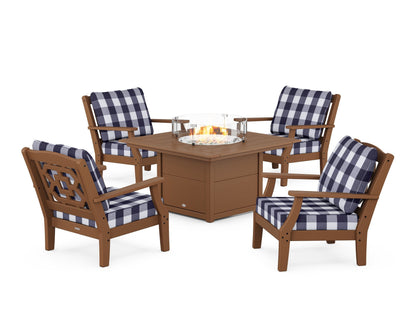Martha Stewart by POLYWOOD® Chinoiserie 5-Piece Deep Seating Set with Fire Pit Table in Teak / Buffalo Plaid Navy