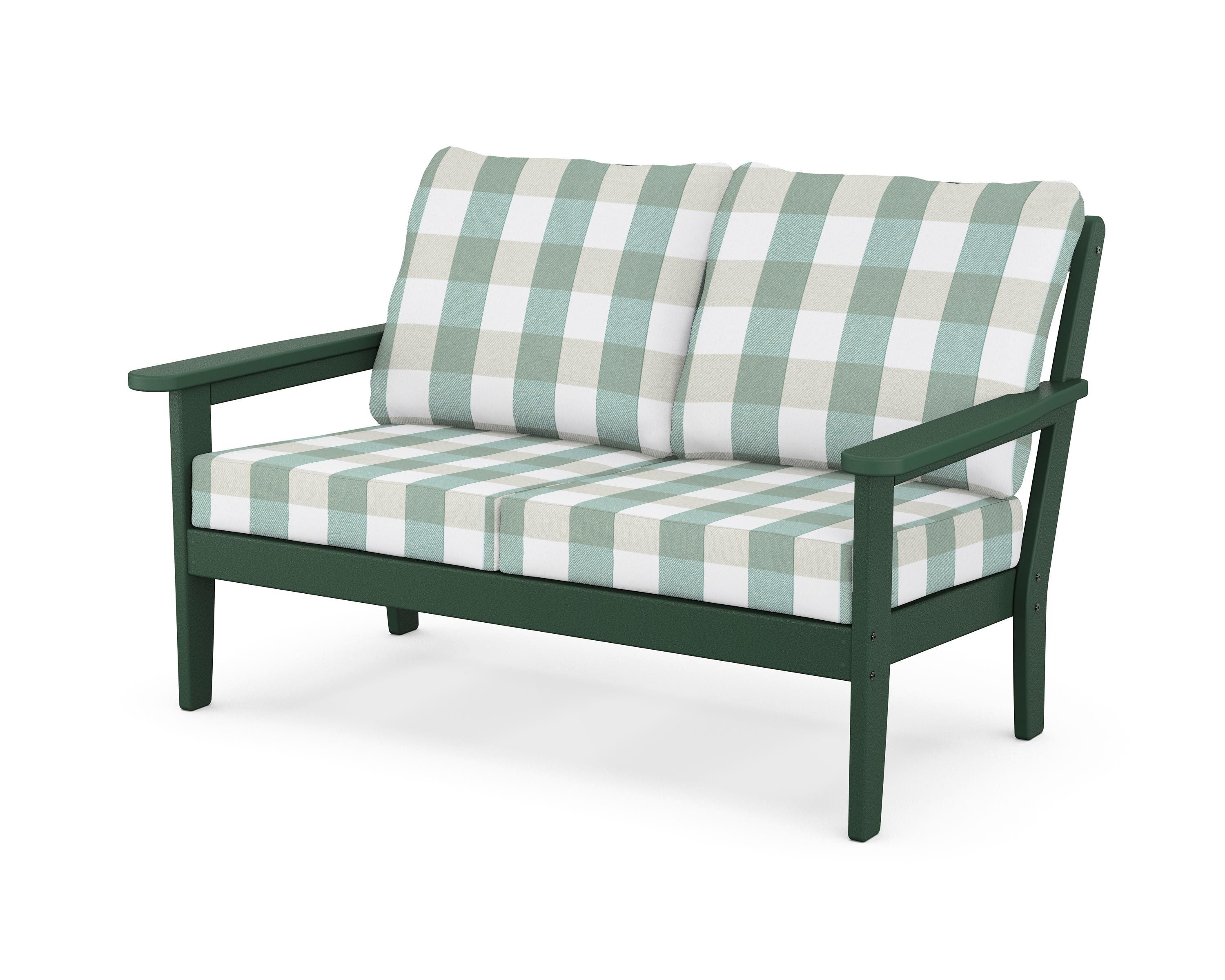 Country Living Cottage Deep Seating Loveseat in Green / Buffalo Plaid Glacier Spa