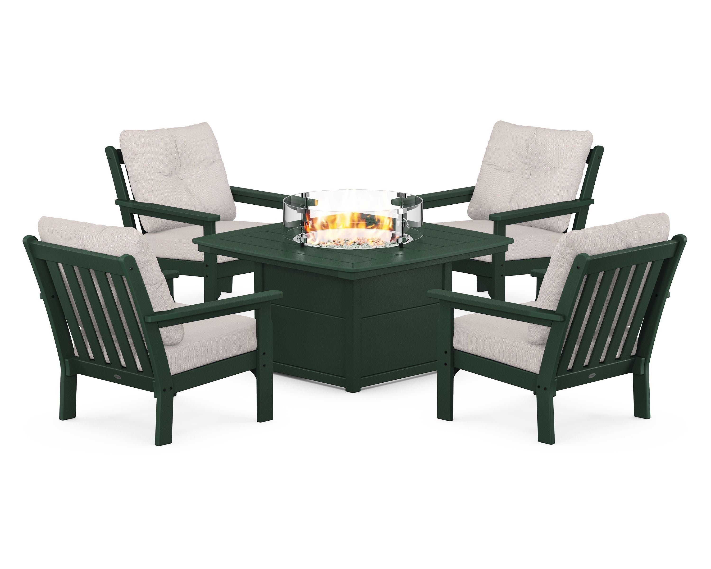 POLYWOOD® Vineyard 5-Piece Conversation Set with Fire Pit Table in Green / Dune Burlap