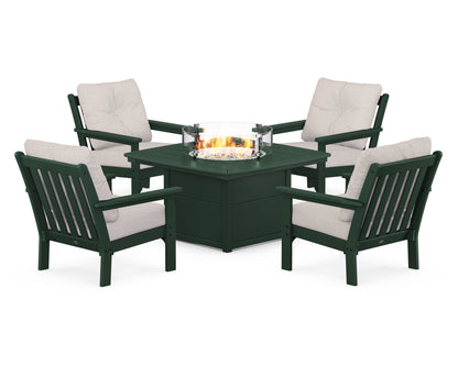 POLYWOOD® Vineyard 5-Piece Conversation Set with Fire Pit Table in Green / Dune Burlap