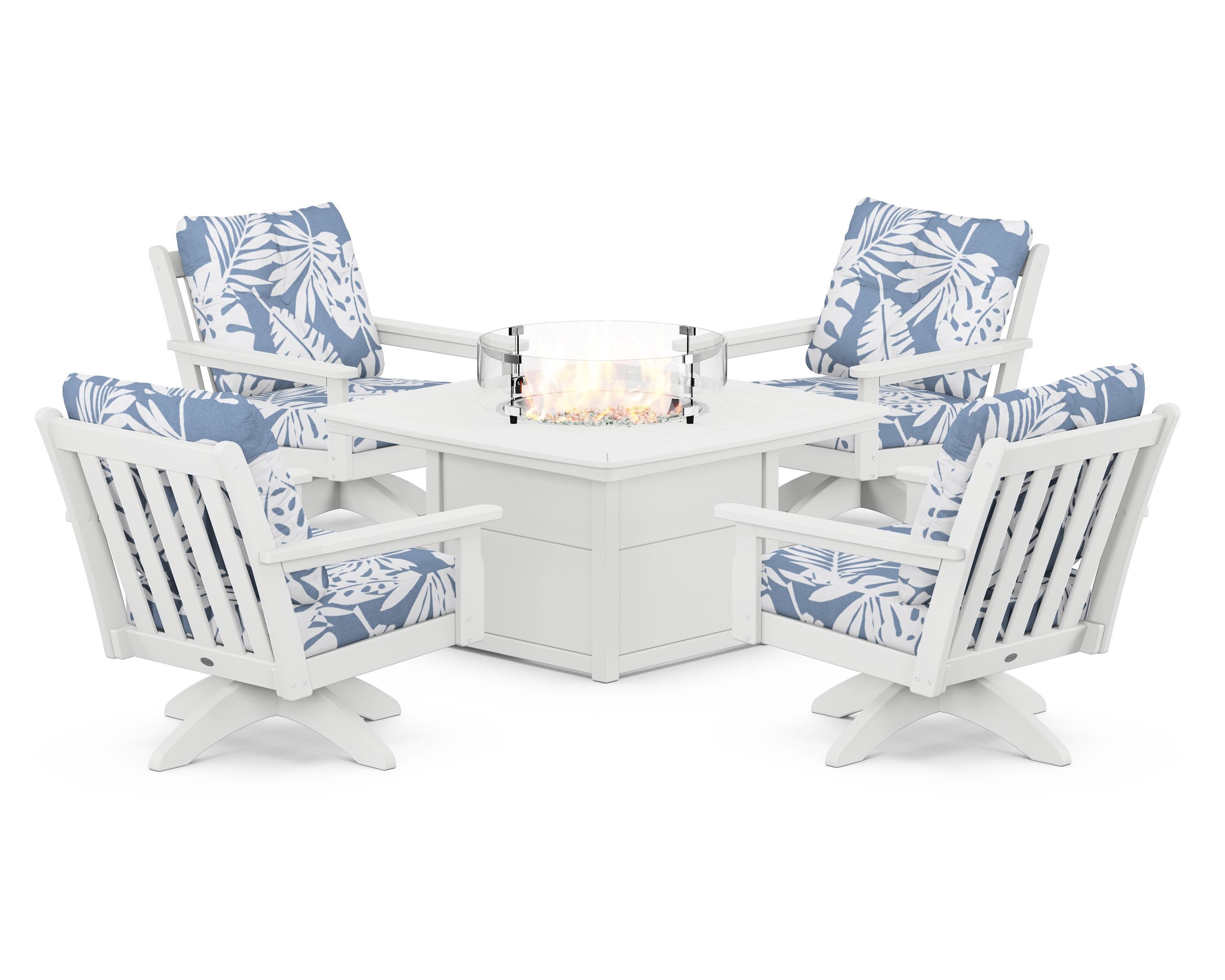 POLYWOOD® Vineyard 5-Piece Deep Seating Swivel Conversation Set with Fire Pit Table in White / Leaf Sky Blue