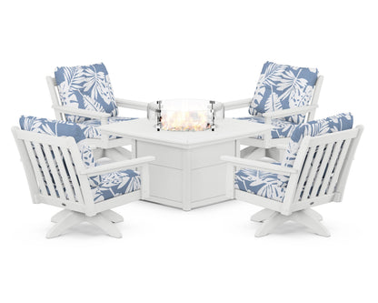 POLYWOOD® Vineyard 5-Piece Deep Seating Swivel Conversation Set with Fire Pit Table in White / Leaf Sky Blue