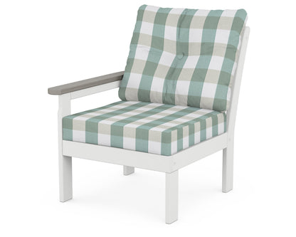POLYWOOD® Vineyard Modular Left Arm Chair in White / Driftwood / Buffalo Plaid Glacier Spa