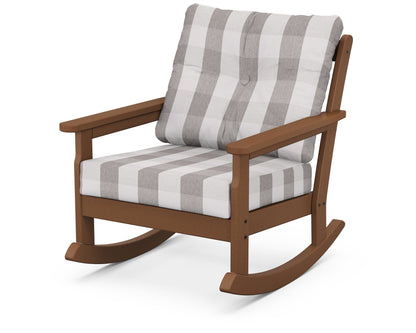 POLYWOOD® Vineyard Deep Seating Rocking Chair in Teak / Buffalo Plaid Grey Mist