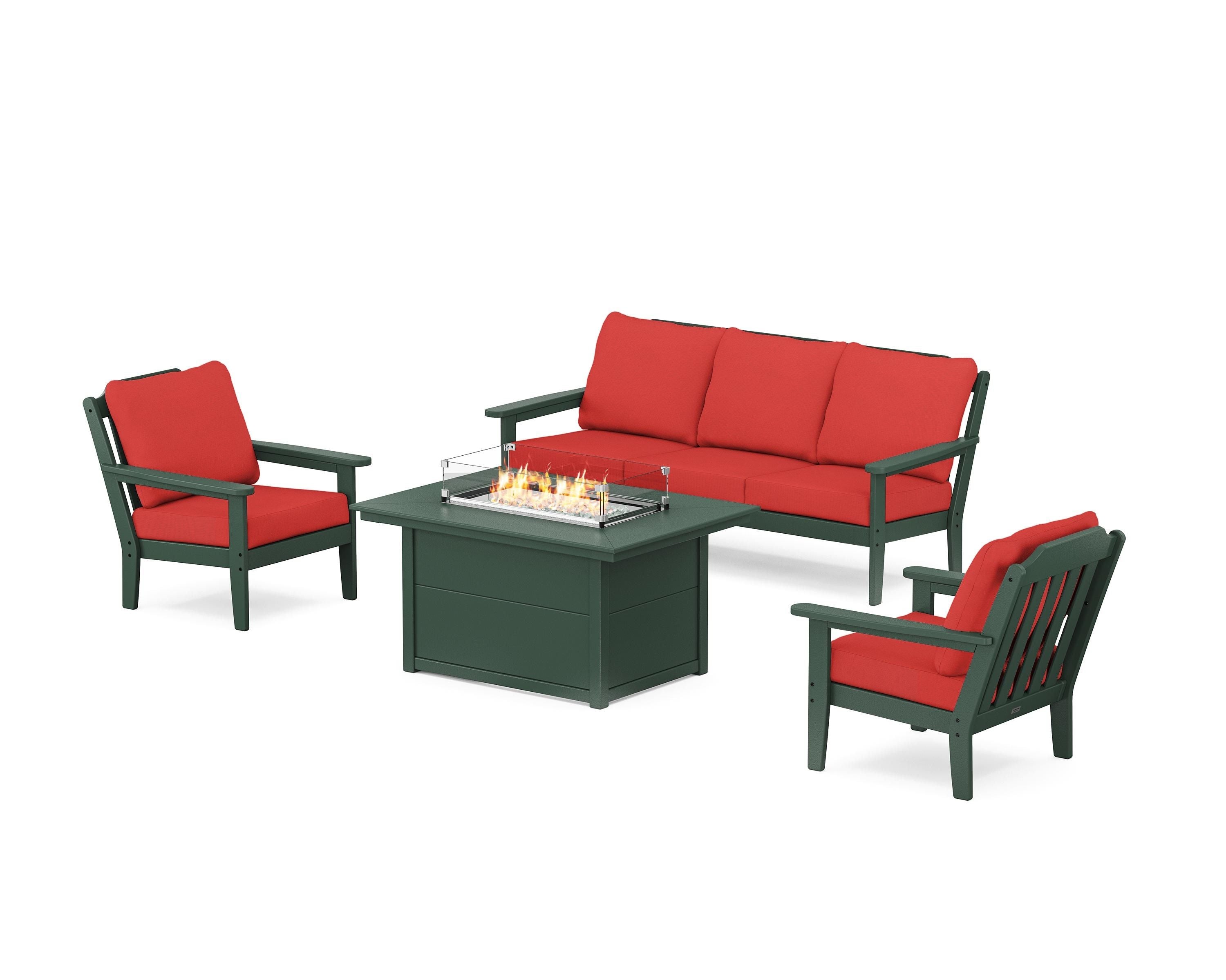 Country Living Cottage Deep Seating Fire Pit Table Set in Green / Crimson Linen