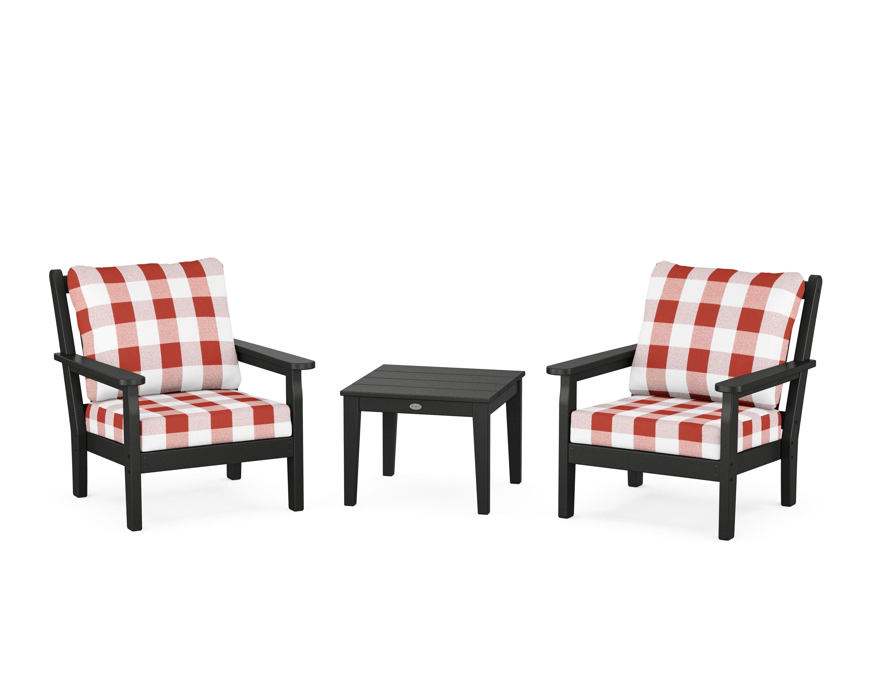 POLYWOOD® Chippendale 3-Piece Deep Seating Set in Black / Buffalo Plaid Crimson