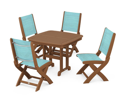 POLYWOOD® Coastal Folding Side Chair 5-Piece Dining Set in Teak / Dupioni Aquamarine Sling