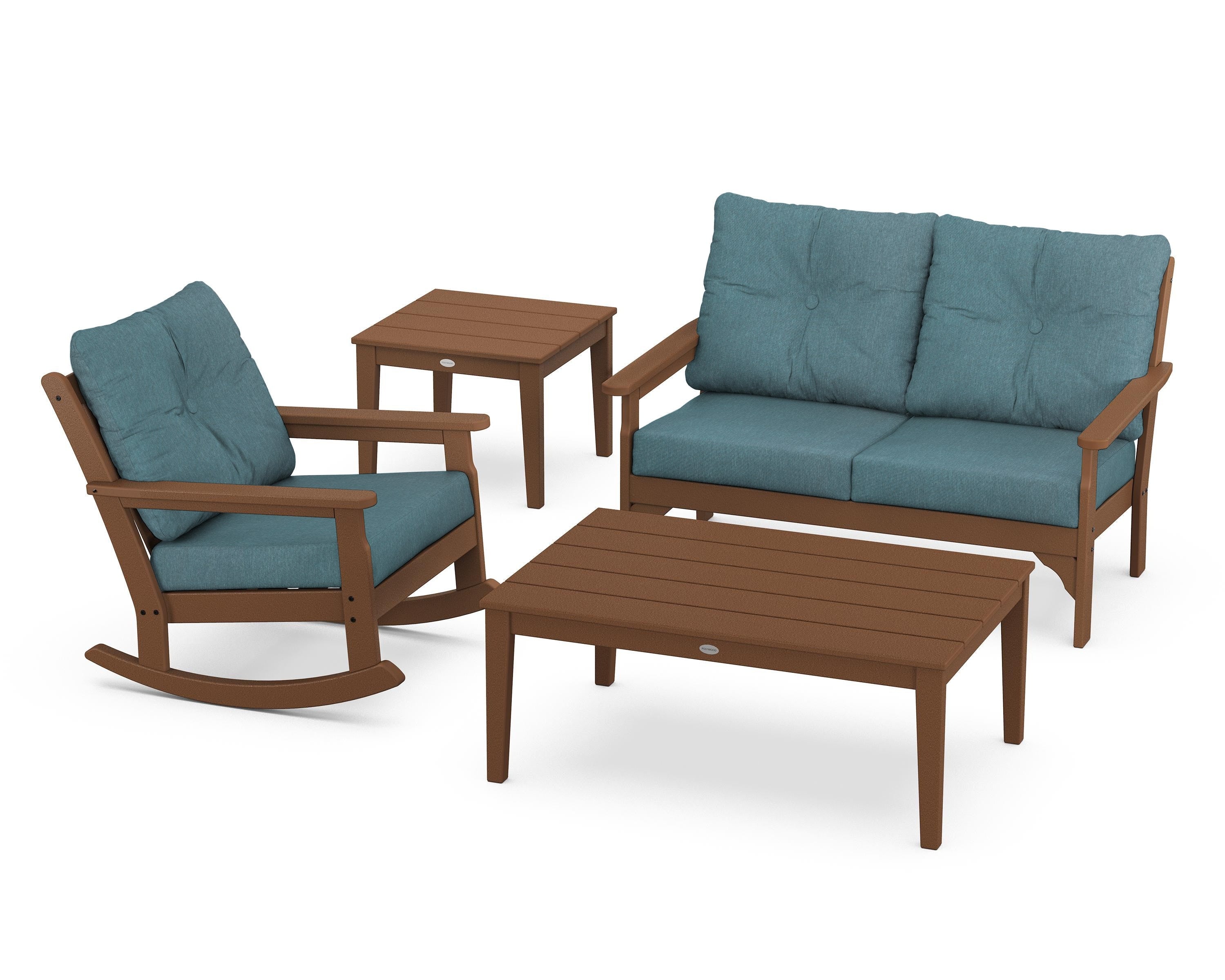 POLYWOOD® Vineyard 4-Piece Deep Seating Rocker Set in Teak / Ocean Teal