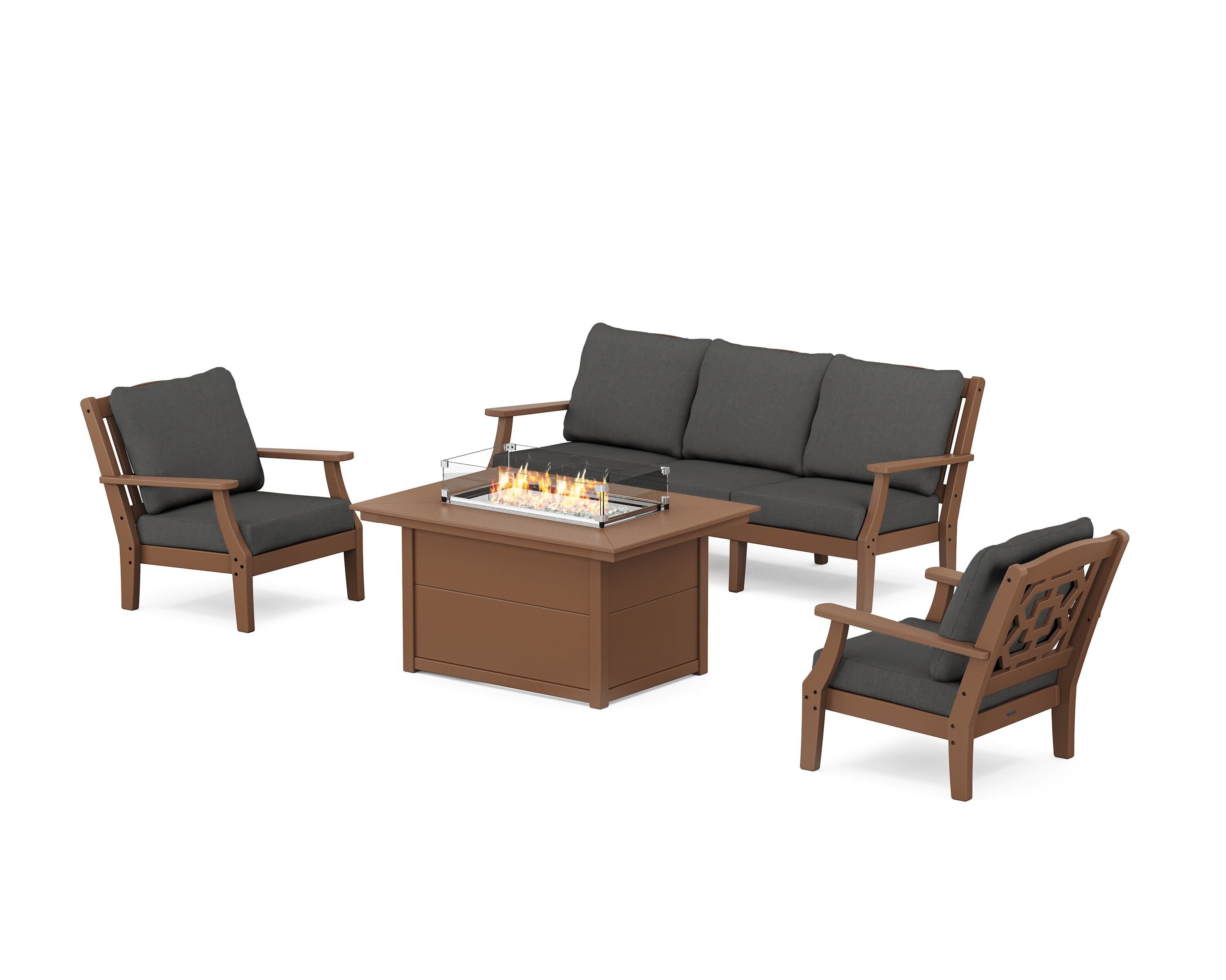 Martha Stewart by POLYWOOD® Chinoiserie Deep Seating Fire Pit Table Set in Teak / Spectrum Carbon