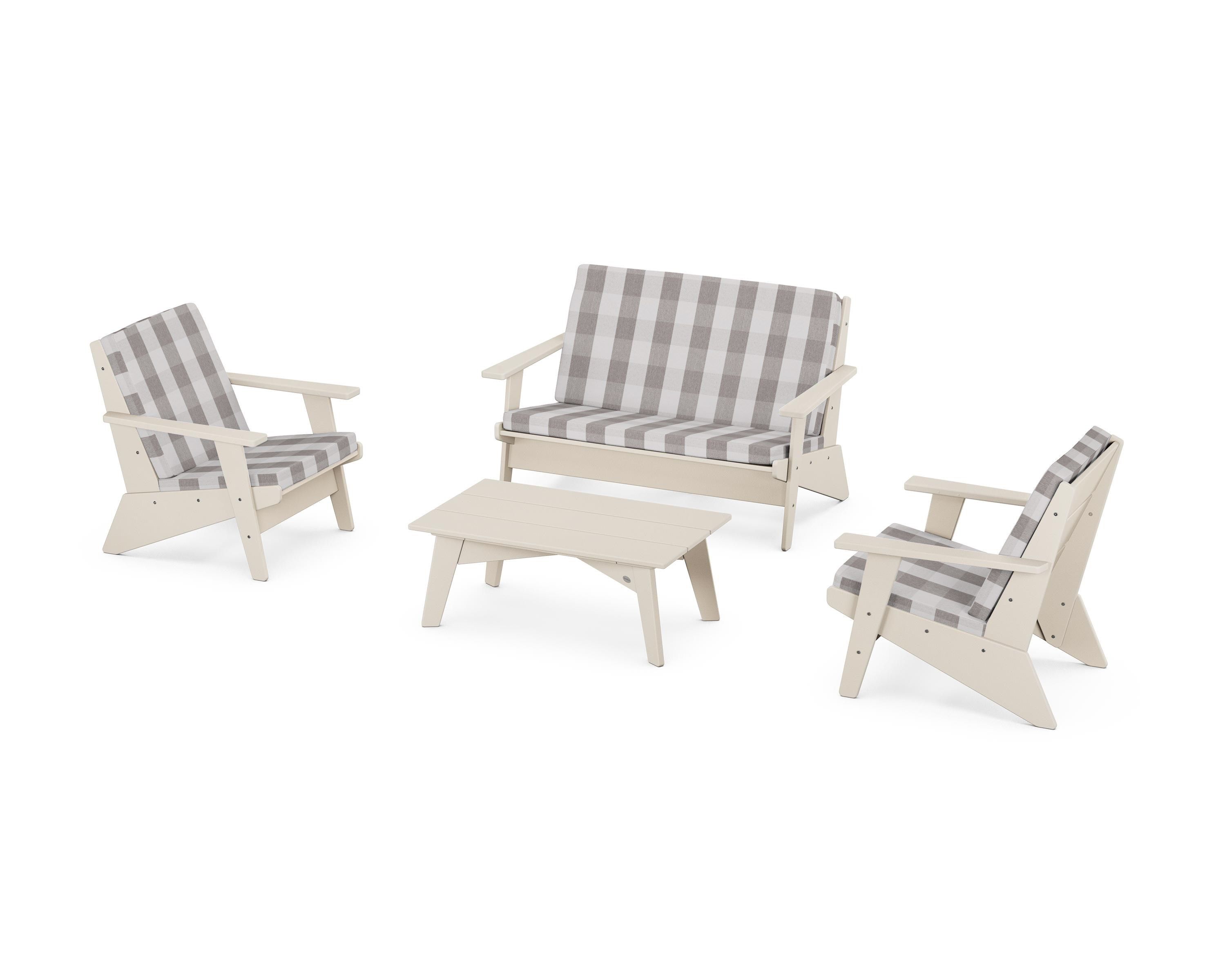 POLYWOOD® Riviera Modern Lounge 4-Piece Set in Sand / Buffalo Plaid Grey Mist