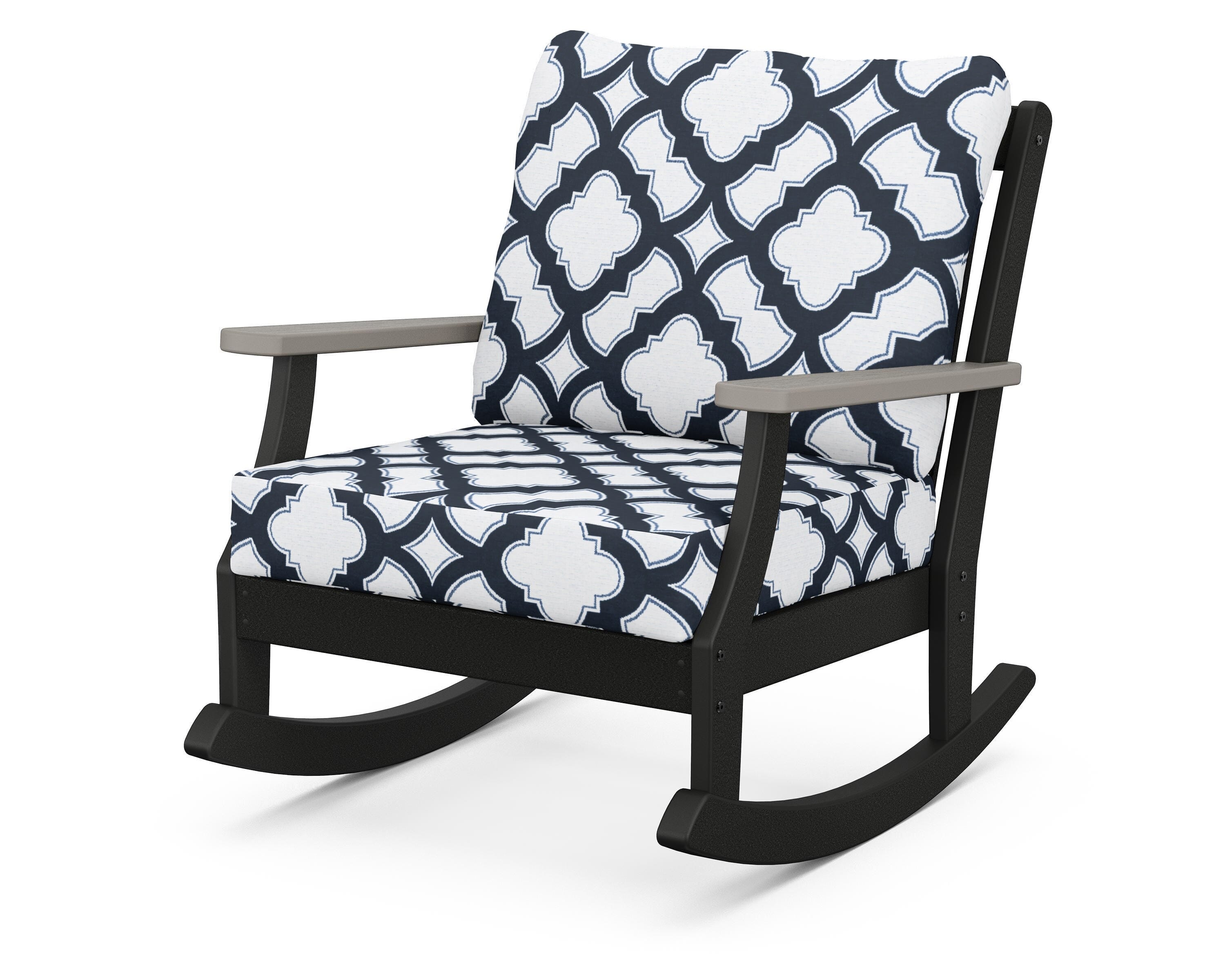 POLYWOOD® Braxton Deep Seating Rocking Chair in Black / Driftwood / Trellis Marine Indigo