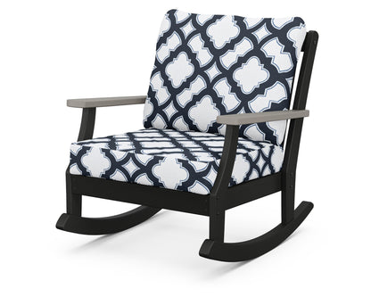 POLYWOOD® Braxton Deep Seating Rocking Chair in Black / Driftwood / Trellis Marine Indigo