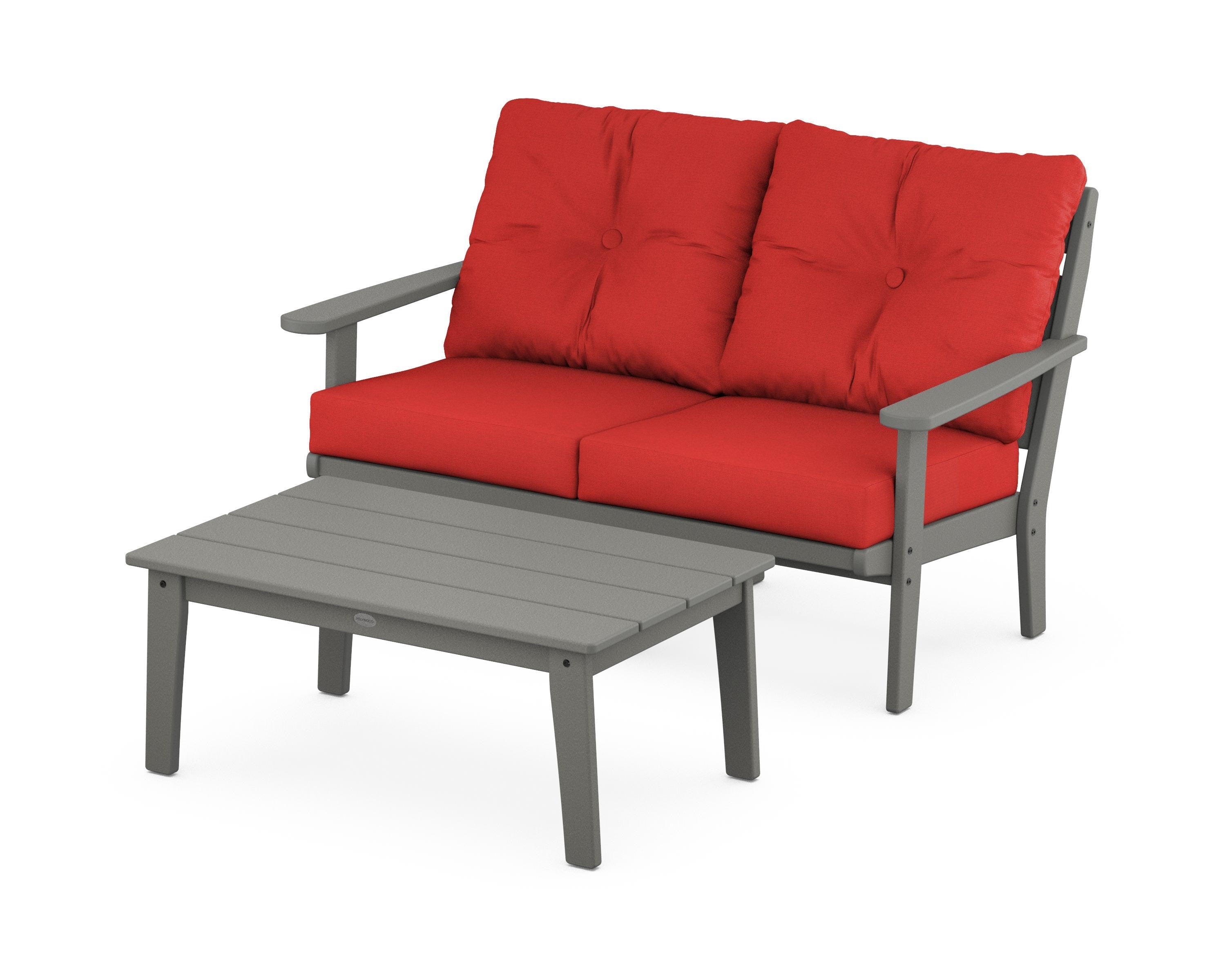 POLYWOOD® Lakeside 2-Piece Lounge Loveseat Set in Slate Grey / Crimson Linen