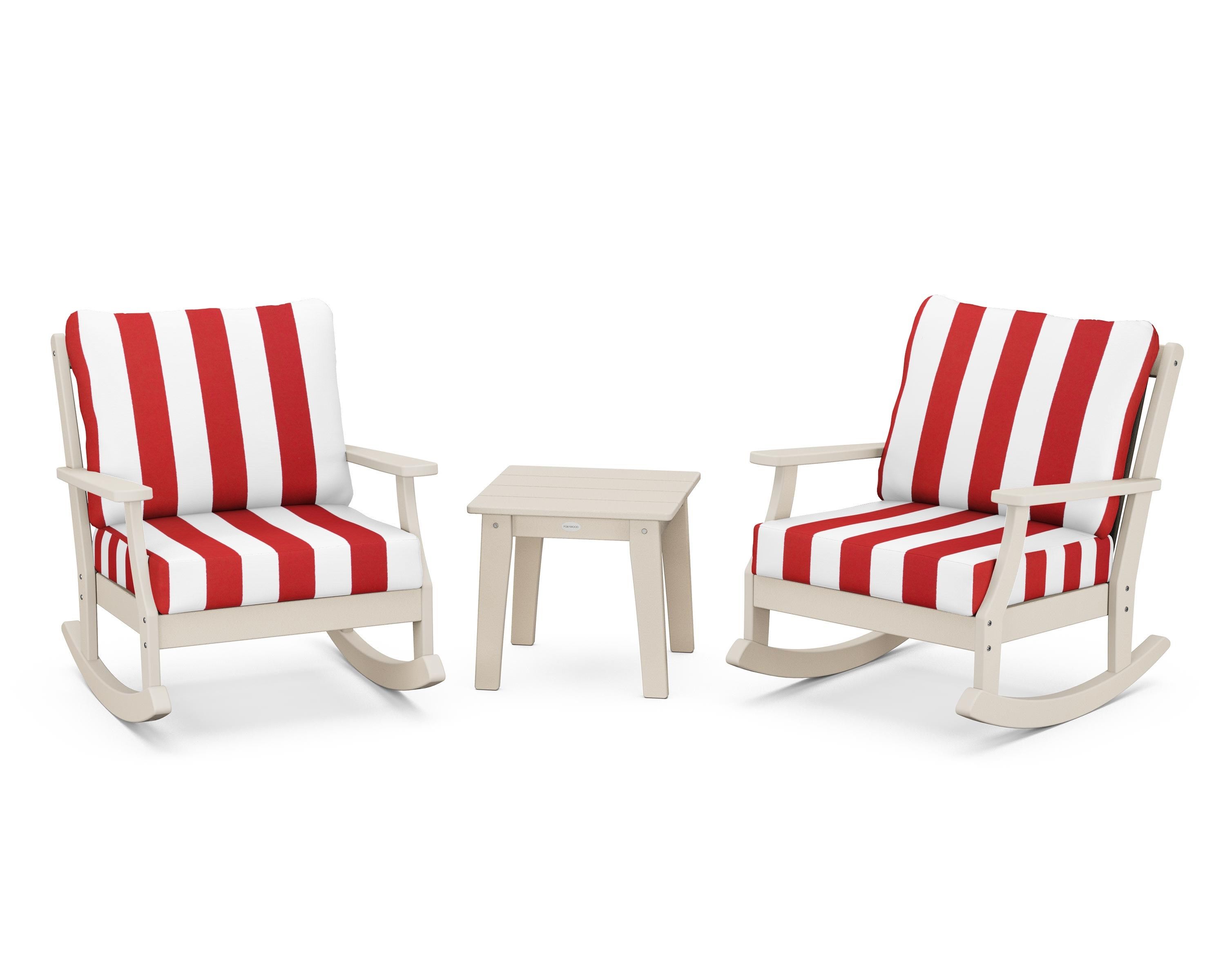 POLYWOOD® Braxton 3-Piece Deep Seating Rocker Set in Sand / Cabana Stripe Crimson