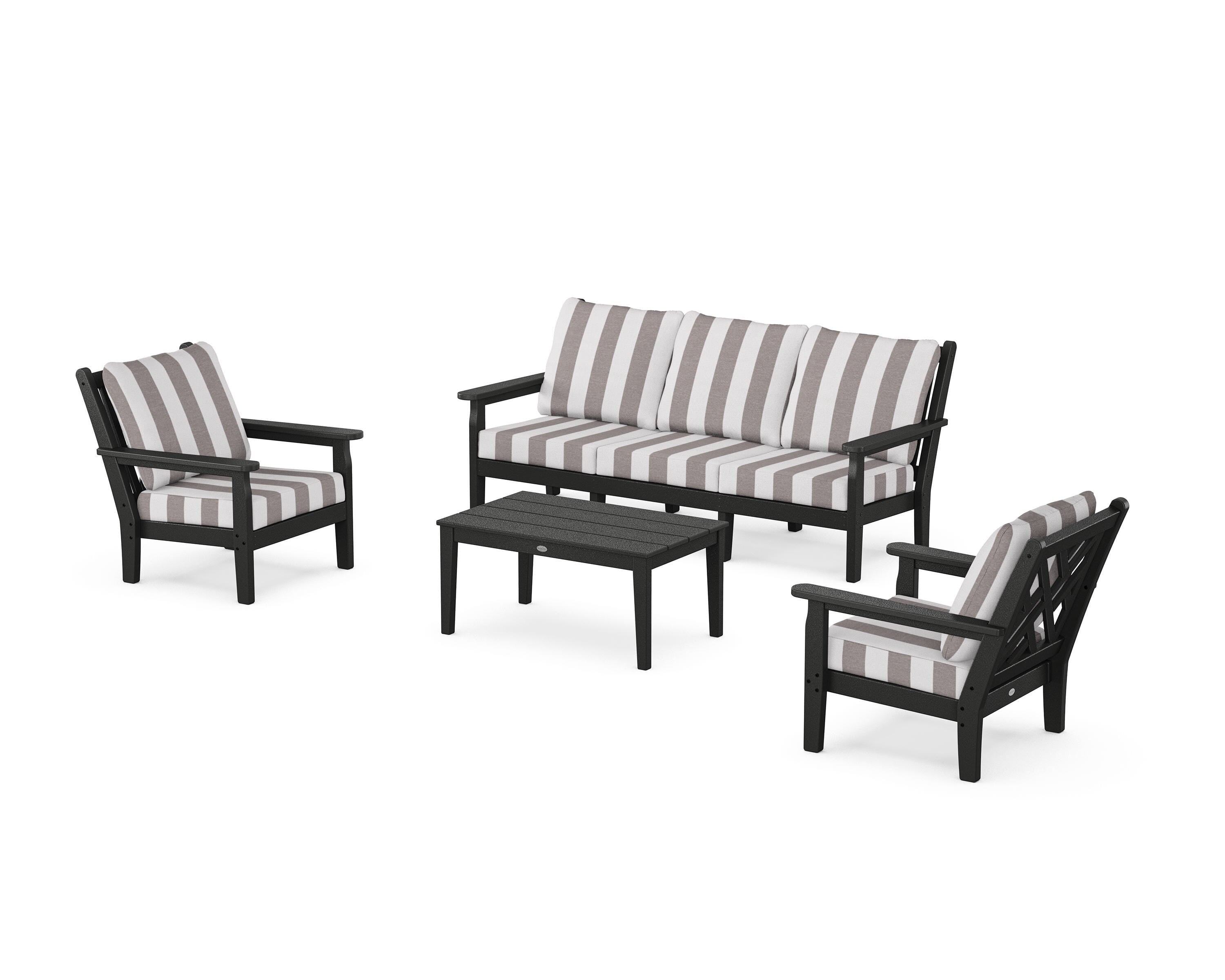 POLYWOOD® Chippendale 4-Piece Deep Seating Set with Sofa in Black / Cabana Stripe Grey Mist