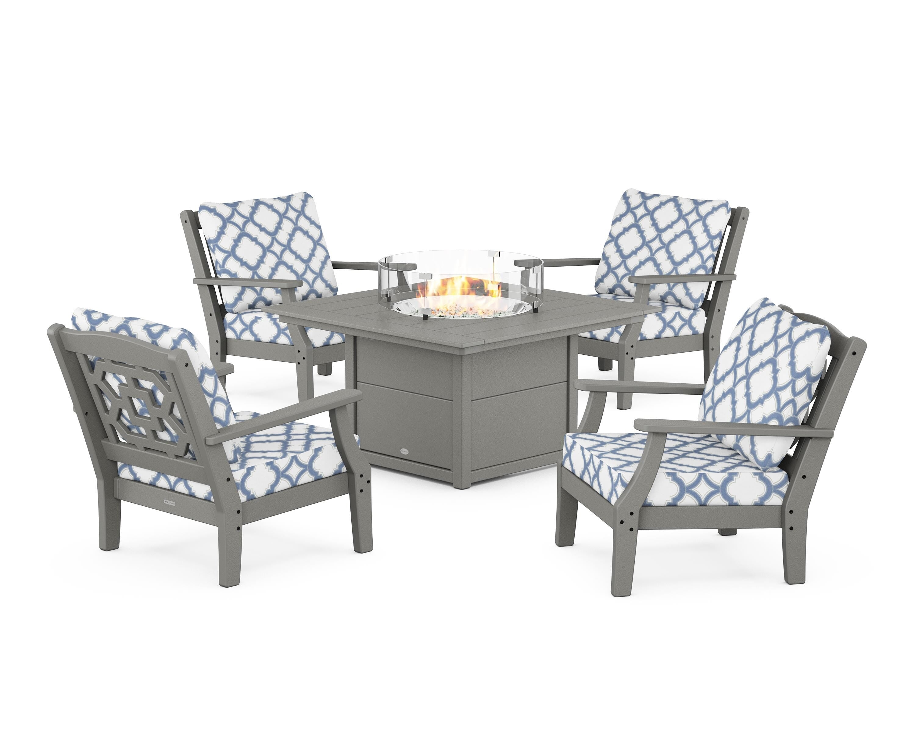 Martha Stewart by POLYWOOD® Chinoiserie 5-Piece Deep Seating Set with Fire Pit Table in Slate Grey / Trellis Sky Blue