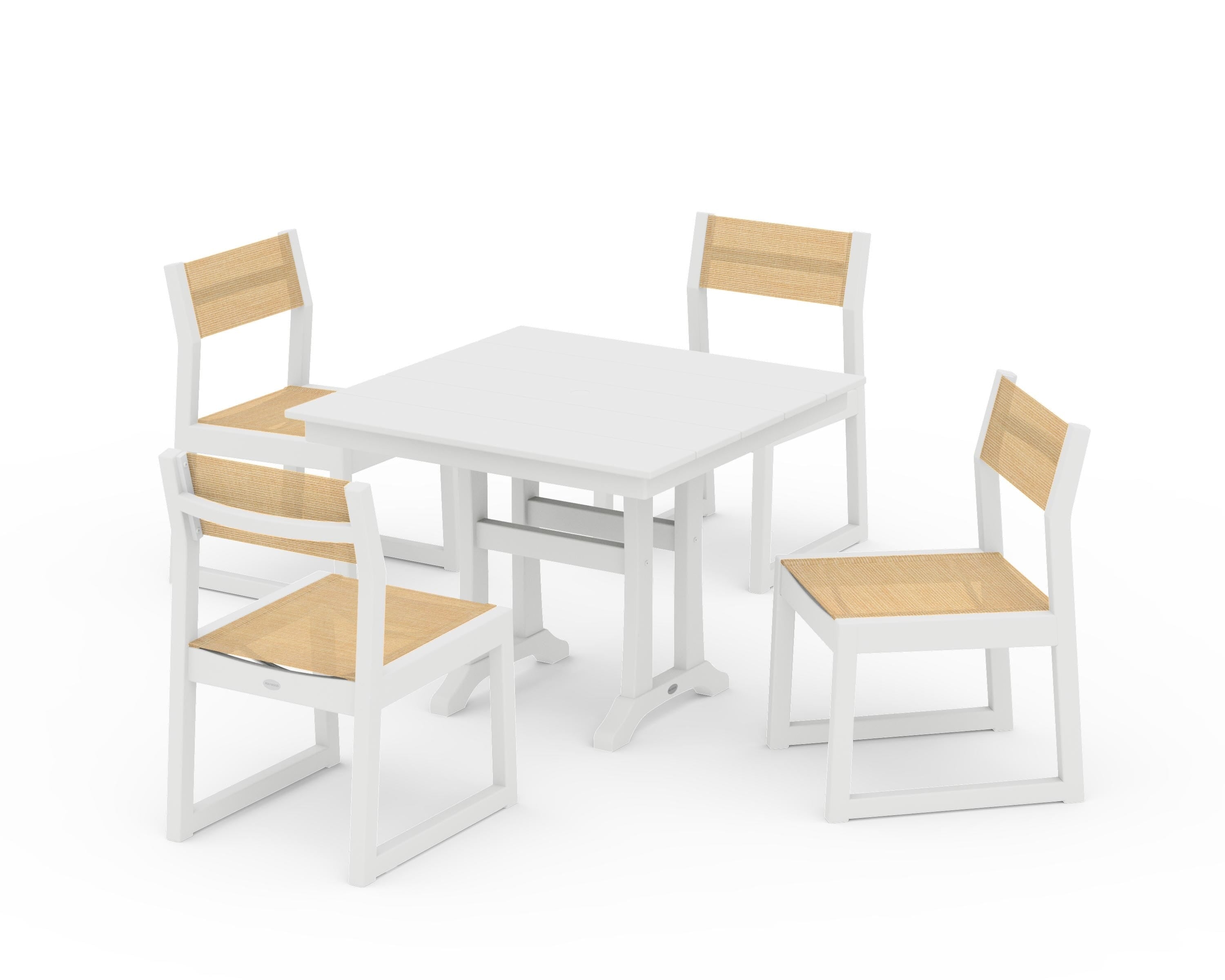 POLYWOOD® EDGE Sling 5-Piece Farmhouse Trestle Side Chair Dining Set in White / Dupioni Apricot Sling
