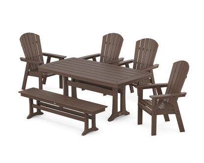 POLYWOOD® Nautical Curveback Adirondack 6-Piece Dining Set with Trestle Legs and Bench in Mahogany