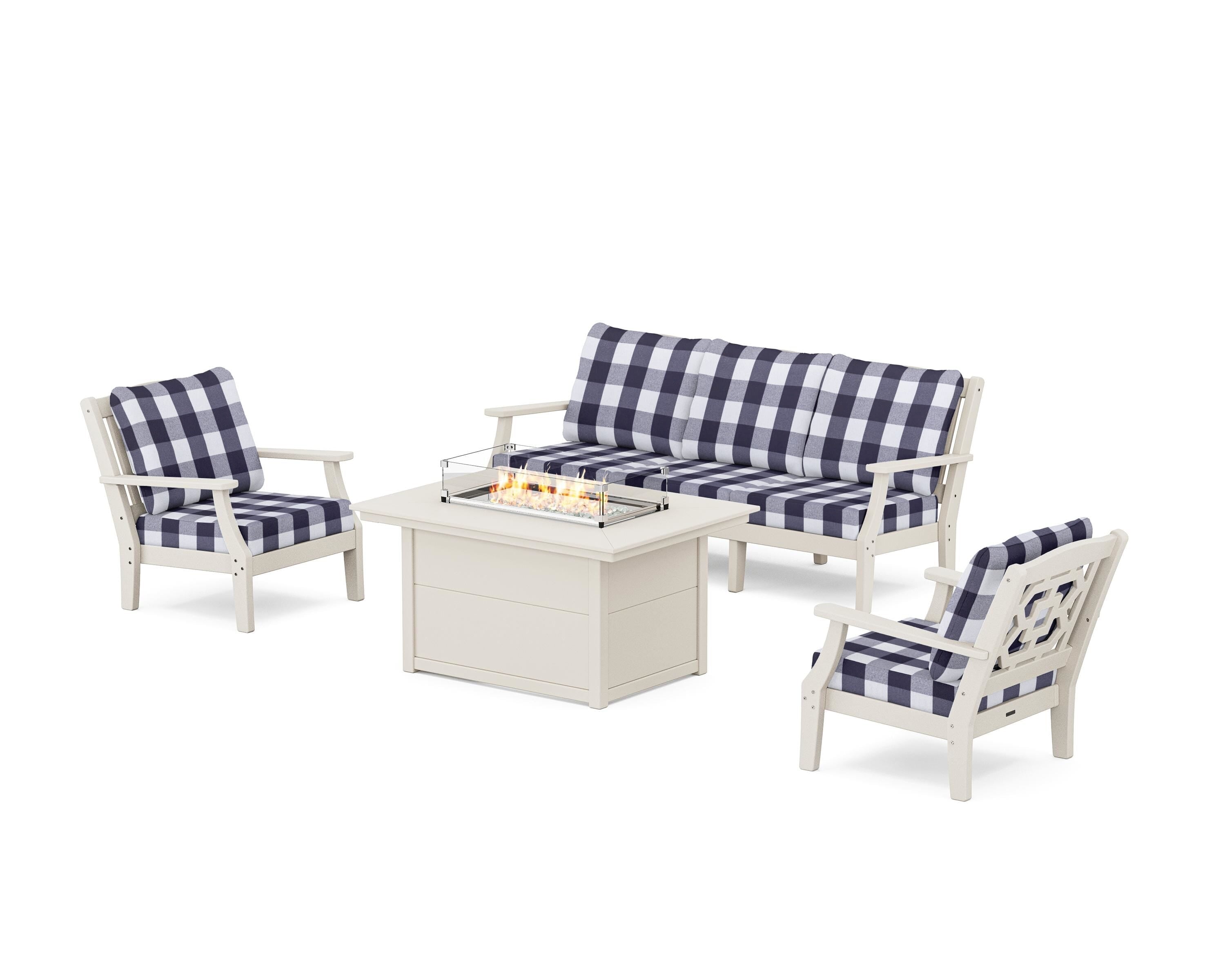 Martha Stewart by POLYWOOD® Chinoiserie Deep Seating Fire Pit Table Set in Sand / Buffalo Plaid Navy