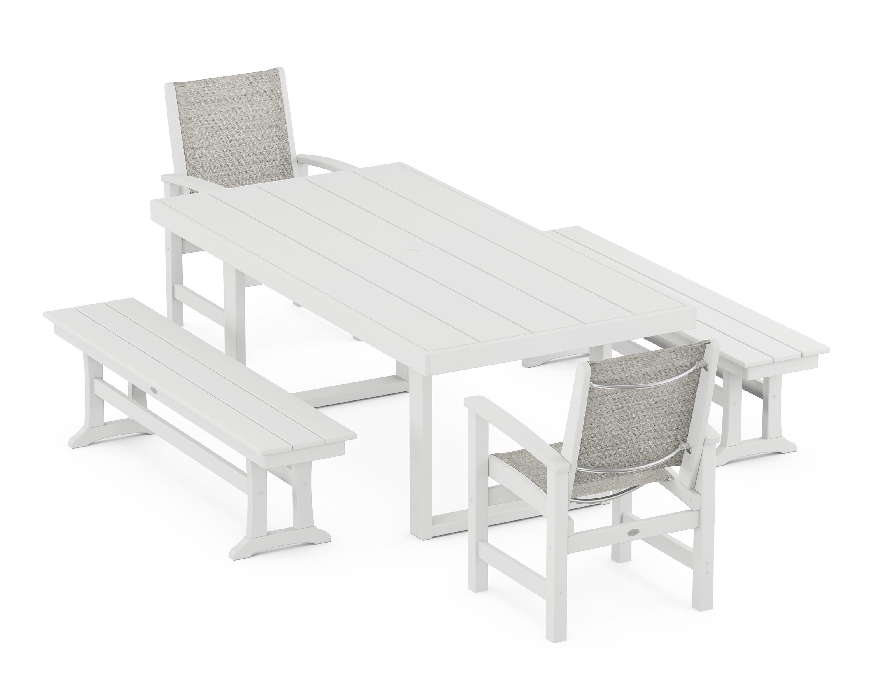 POLYWOOD® Coastal 5-Piece Dining Set with Trestle Legs in White / Birch Sling