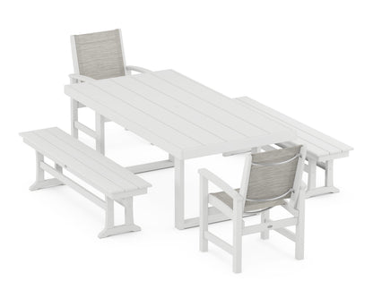 POLYWOOD® Coastal 5-Piece Dining Set with Trestle Legs in White / Birch Sling