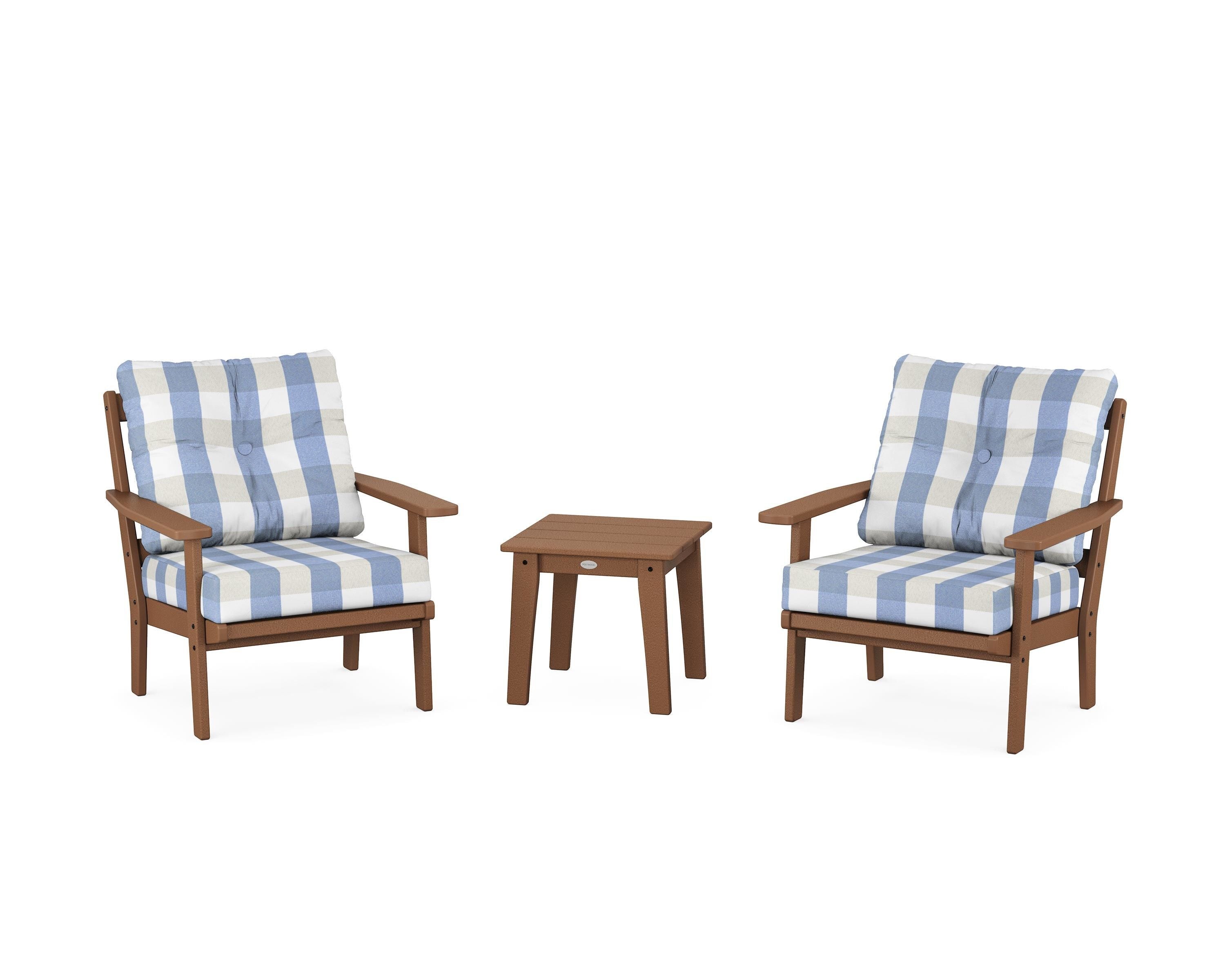POLYWOOD® Oxford 3-Piece Deep Seating Set in Teak / Buffalo Plaid Sky Blue