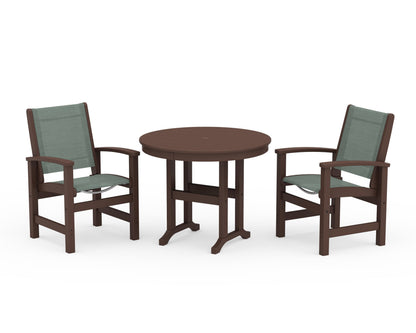 POLYWOOD® Coastal 3-Piece Round Dining Set in Mahogany / Dupioni Sea Mist Sling