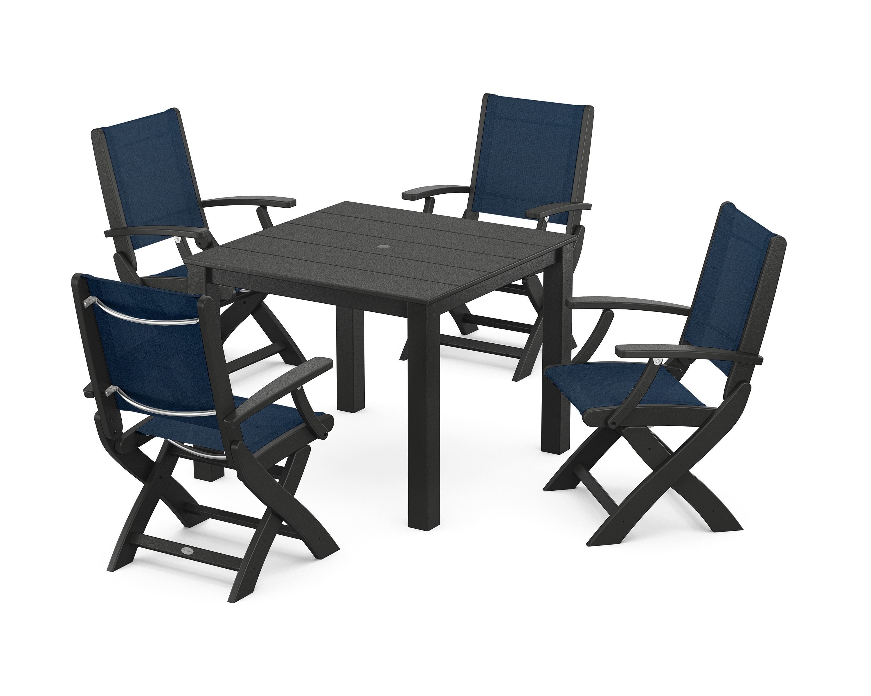 POLYWOOD® Coastal Folding Chair 5-Piece Parsons Dining Set in Black / Navy Blue Sling