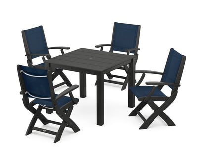 POLYWOOD® Coastal Folding Chair 5-Piece Parsons Dining Set in Black / Navy Blue Sling