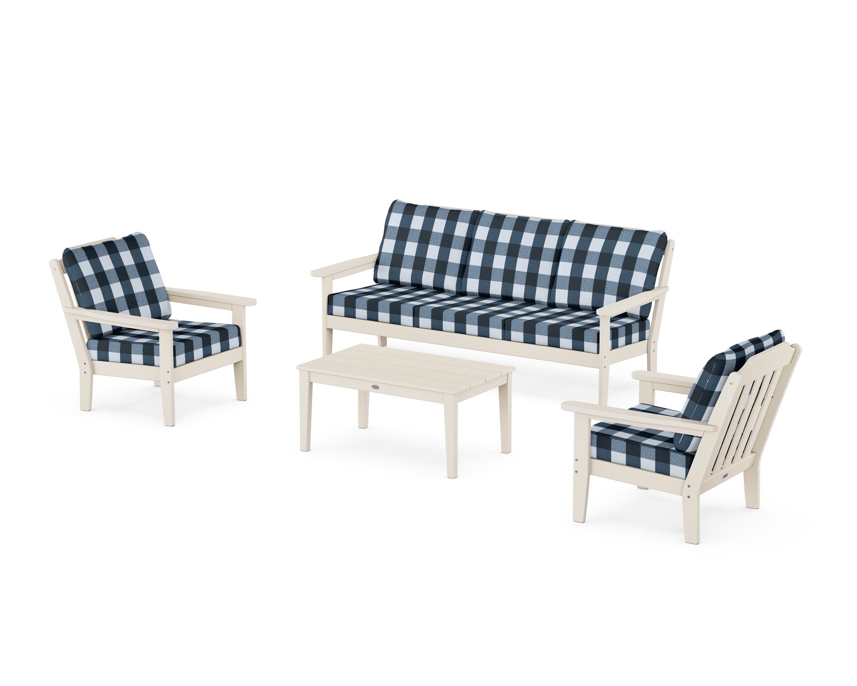 Country Living Cottage 4-Piece Deep Seating Set with Sofa in Sand / Buffalo Plaid Marine Indigo