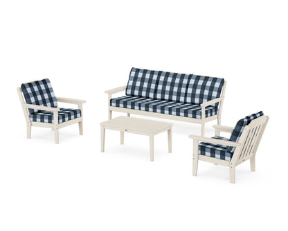 Country Living Cottage 4-Piece Deep Seating Set with Sofa in Sand / Buffalo Plaid Marine Indigo