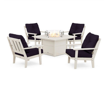 POLYWOOD® Oxford 5-Piece Deep Seating Set with Fire Pit Table in Sand / Navy Linen