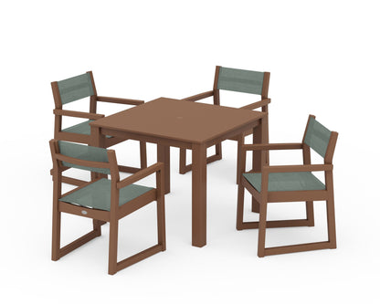 POLYWOOD® EDGE Sling Arm Chair 5-Piece Parsons Dining Set in Teak / Dupioni Sea Mist Sling