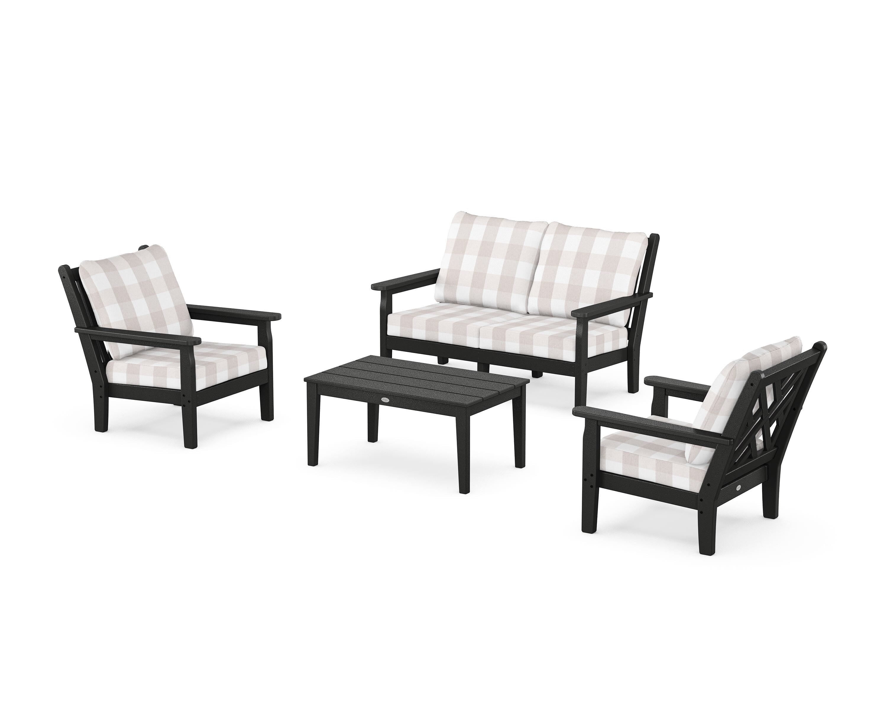 POLYWOOD® Chippendale 4-Piece Deep Seating Set with Loveseat in Black / Buffalo Plaid Dune Burlap
