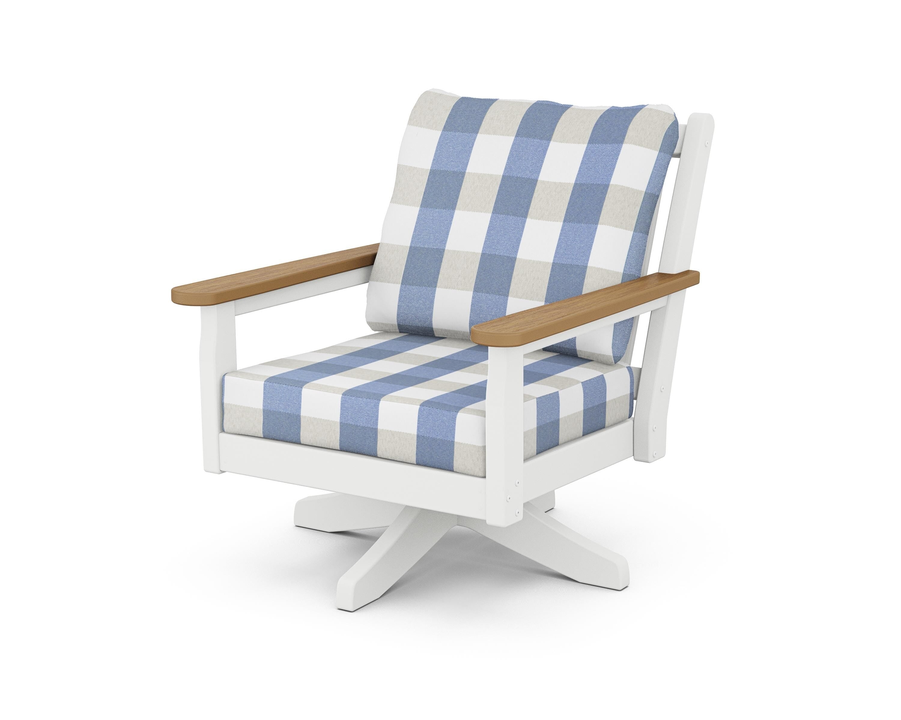 POLYWOOD® Chippendale Deep Seating Swivel Chair in White / Natural / Buffalo Plaid Sky Blue