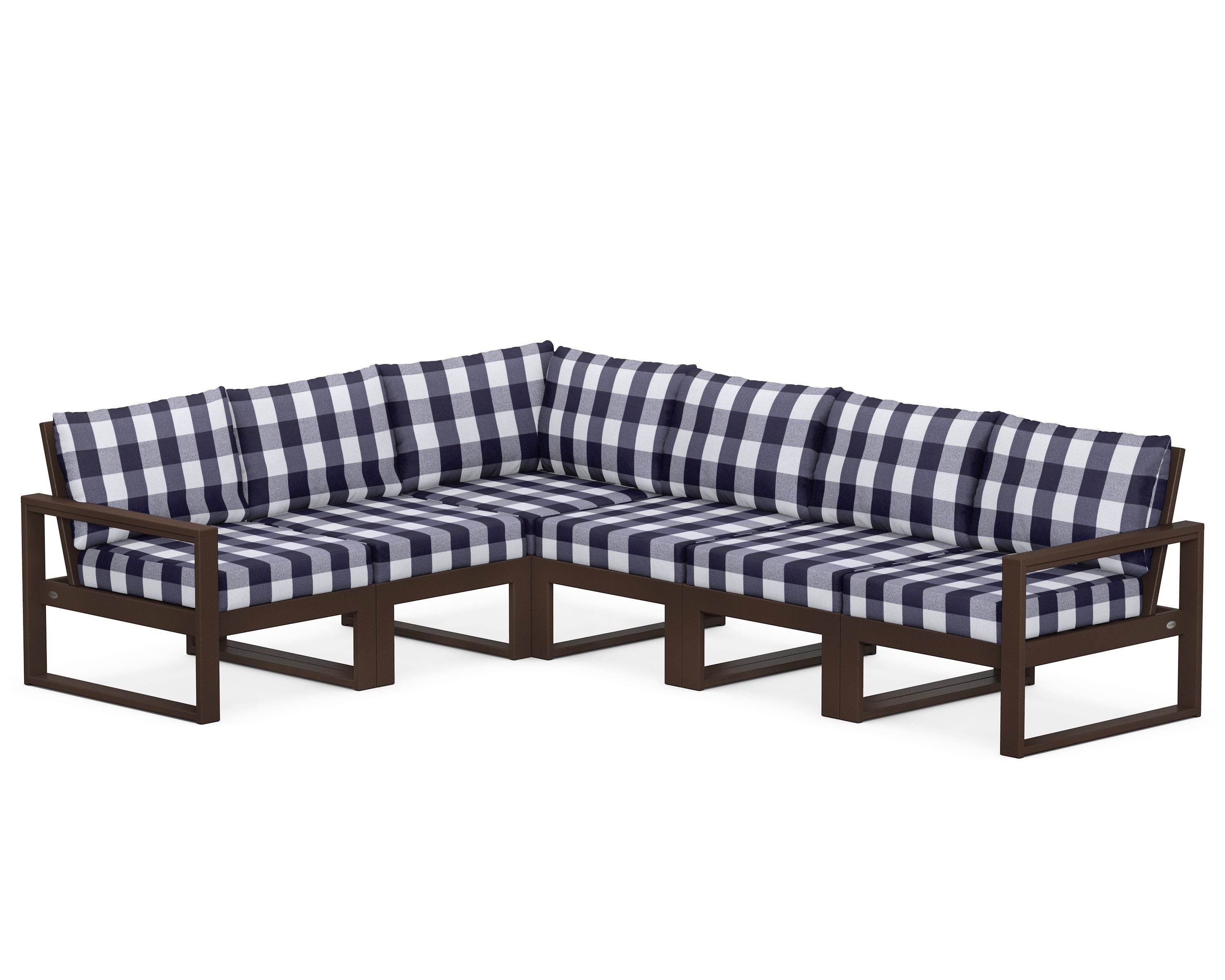POLYWOOD® EDGE 6-Piece Modular Deep Seating Set in Mahogany / Buffalo Plaid Navy