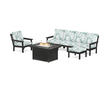 POLYWOOD® Vineyard Sectional Lounge and Fire Pit Set in Black / Leaf Glacier Spa