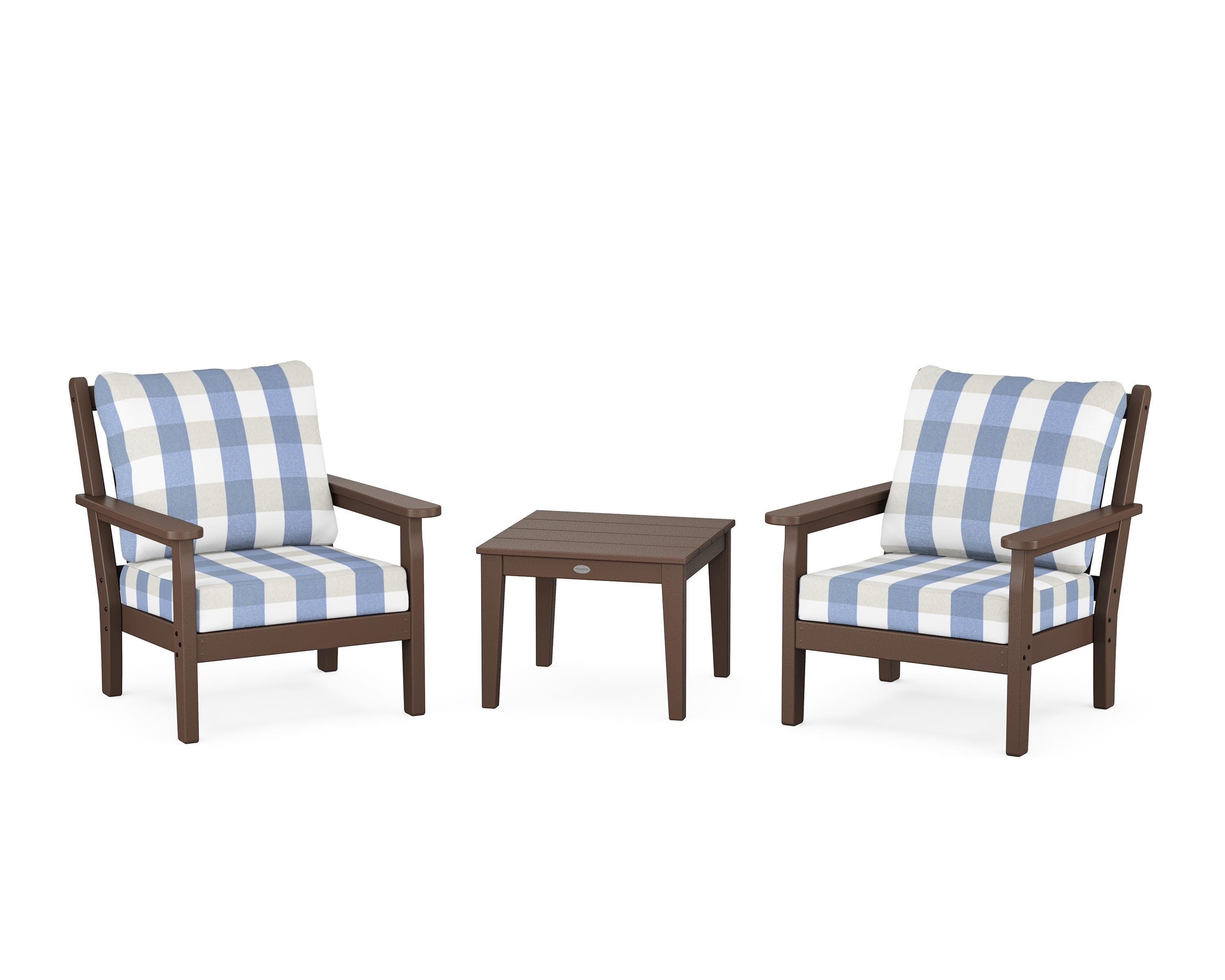 POLYWOOD® Chippendale 3-Piece Deep Seating Set in Mahogany / Buffalo Plaid Sky Blue