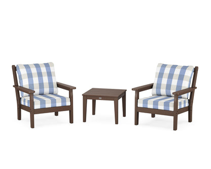 POLYWOOD® Chippendale 3-Piece Deep Seating Set in Mahogany / Buffalo Plaid Sky Blue