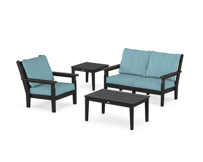 POLYWOOD® Chippendale 4-Piece Deep Seating Set in Black / Lattice Sky Blue