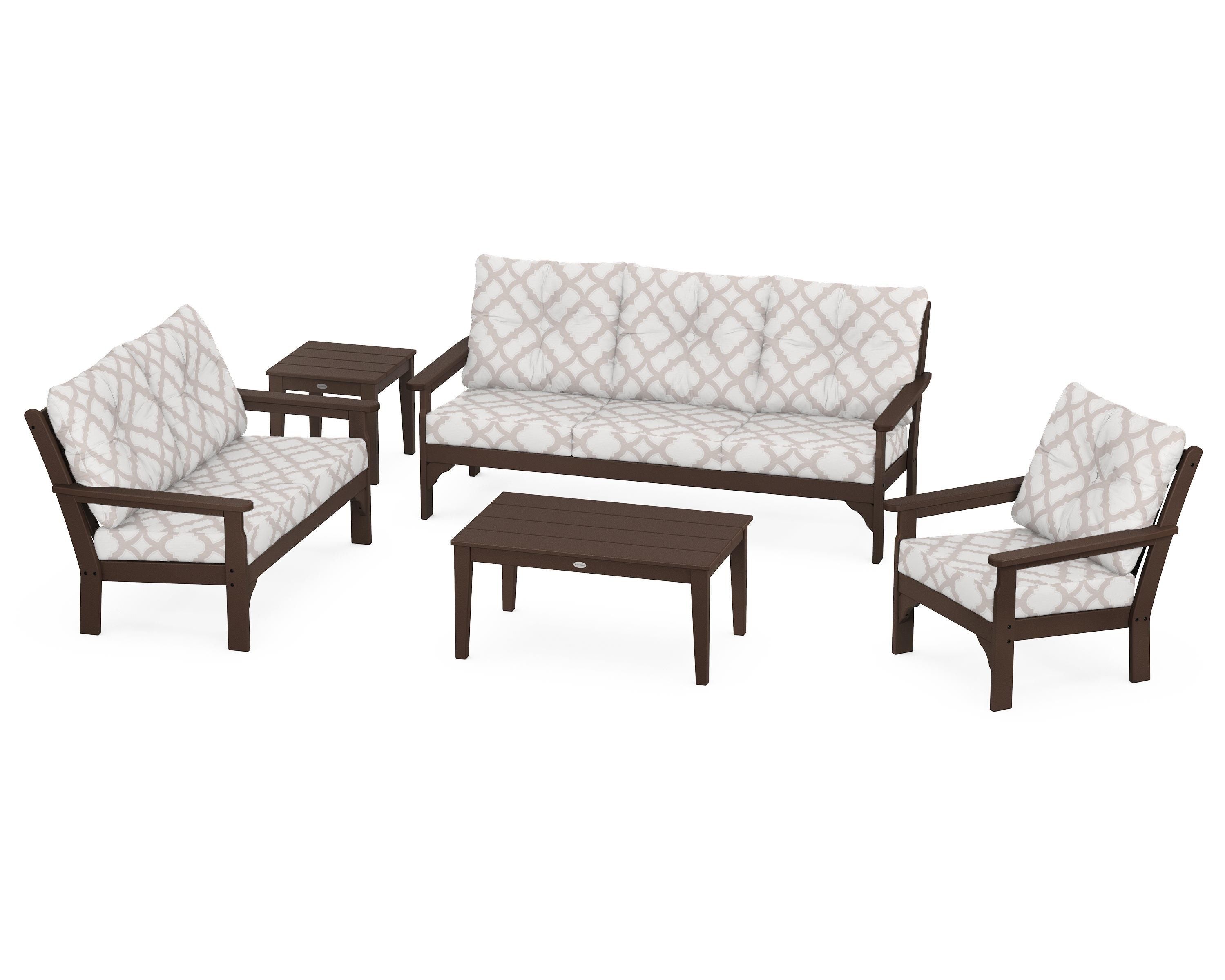 POLYWOOD® Vineyard 5 Piece Deep Seating Set in Mahogany / Trellis Dune Burlap